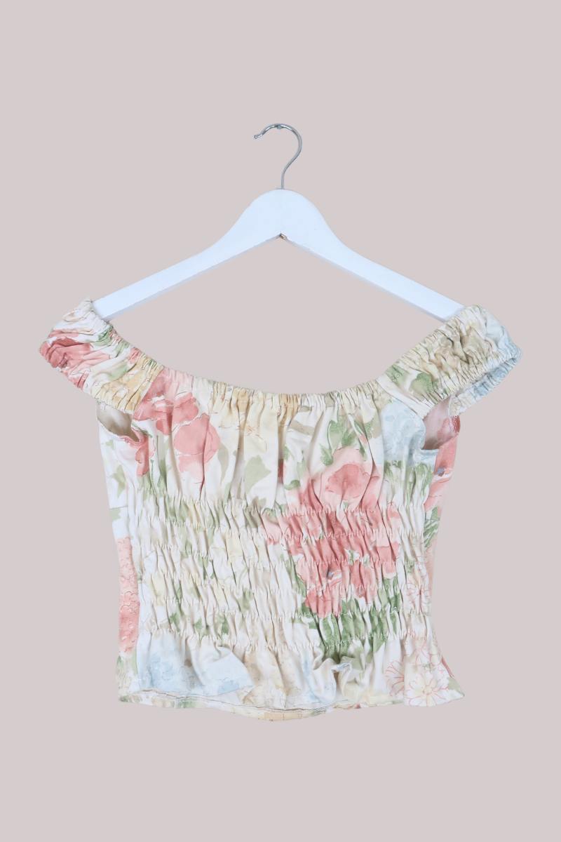 Taylor Vintage Curtain Bustier Crop Top in Pastel Pink Hydrangeas - Size S