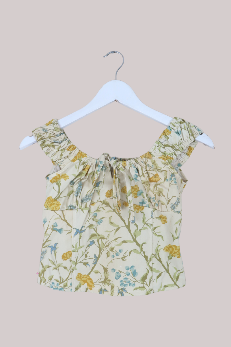 Taylor Vintage Curtain Bustier Crop Top in Yellow & Winter Blue Meadow - Size XS