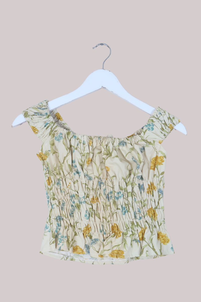 Taylor Vintage Curtain Bustier Crop Top in Yellow & Winter Blue Meadow - Size XS