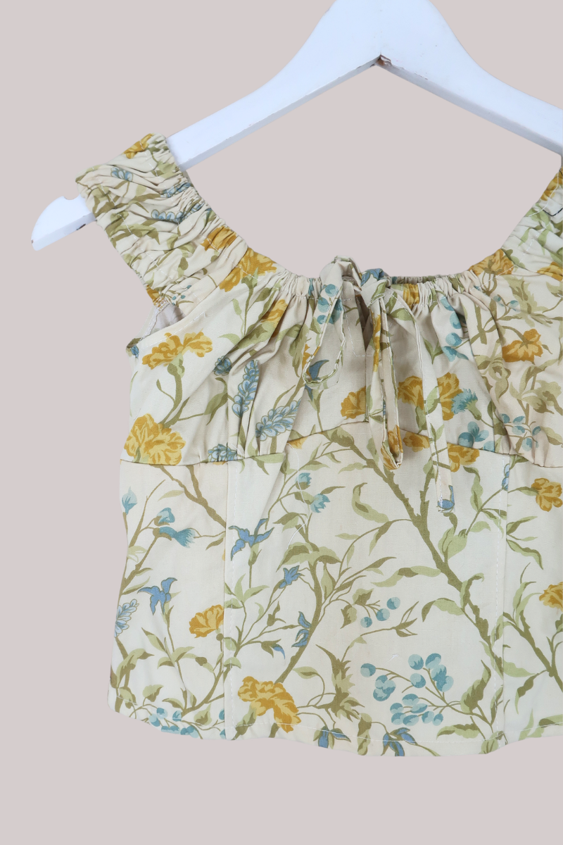 Taylor Vintage Curtain Bustier Crop Top in Yellow & Winter Blue Meadow - Size XS