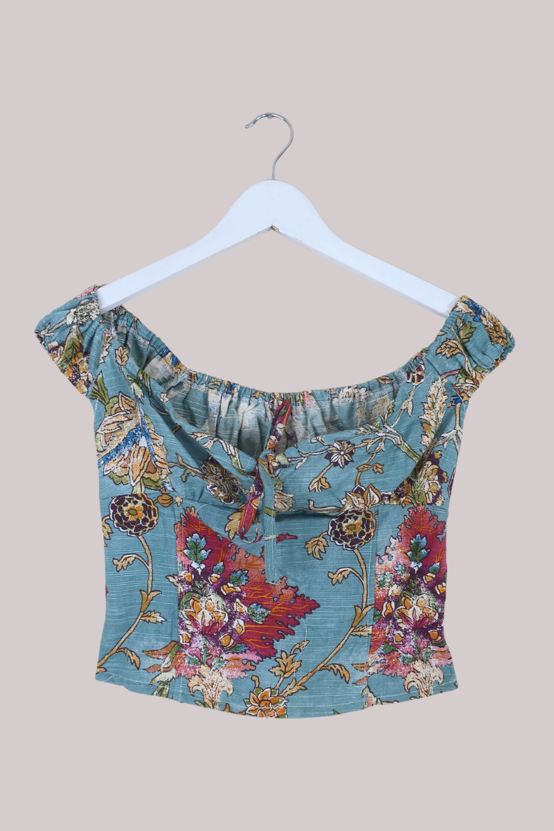 Taylor Vintage Curtain Bustier Crop Top in Pale Turquoise Indian Floral - Size S