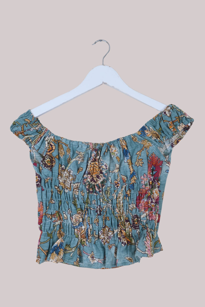 Taylor Vintage Curtain Bustier Crop Top in Pale Turquoise Indian Floral - Size S