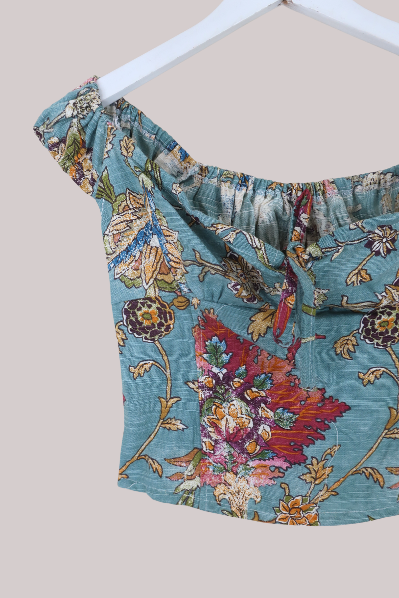 Taylor Vintage Curtain Bustier Crop Top in Pale Turquoise Indian Floral - Size S