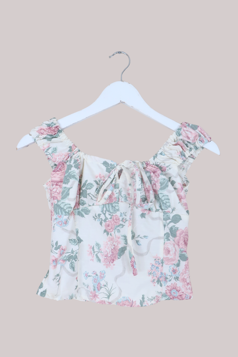 Taylor Vintage Curtain Bustier Crop Top in White with English Rose - Size XS