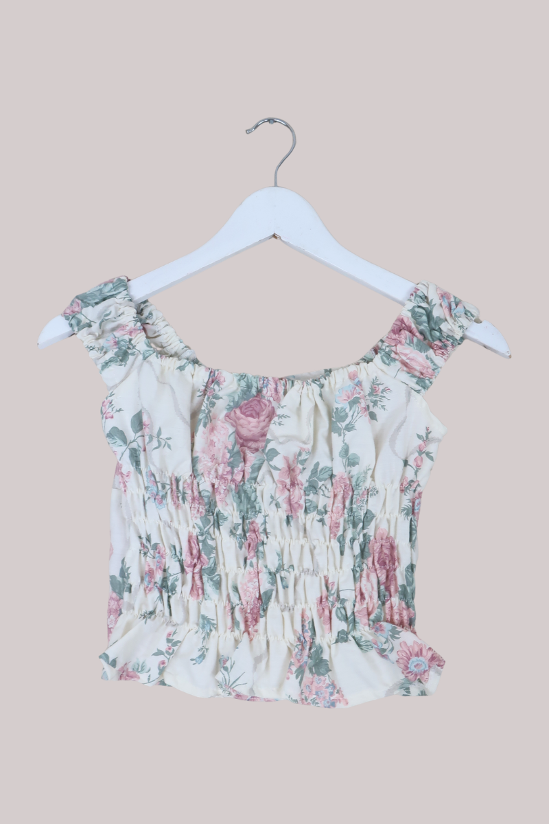 Taylor Vintage Curtain Bustier Crop Top in White with English Rose - Size XS