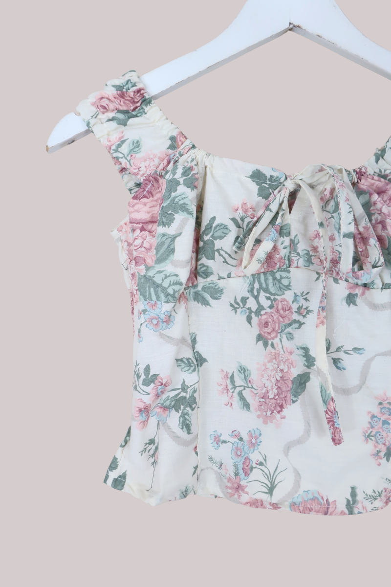 Taylor Vintage Curtain Bustier Crop Top in White with English Rose - Size XS