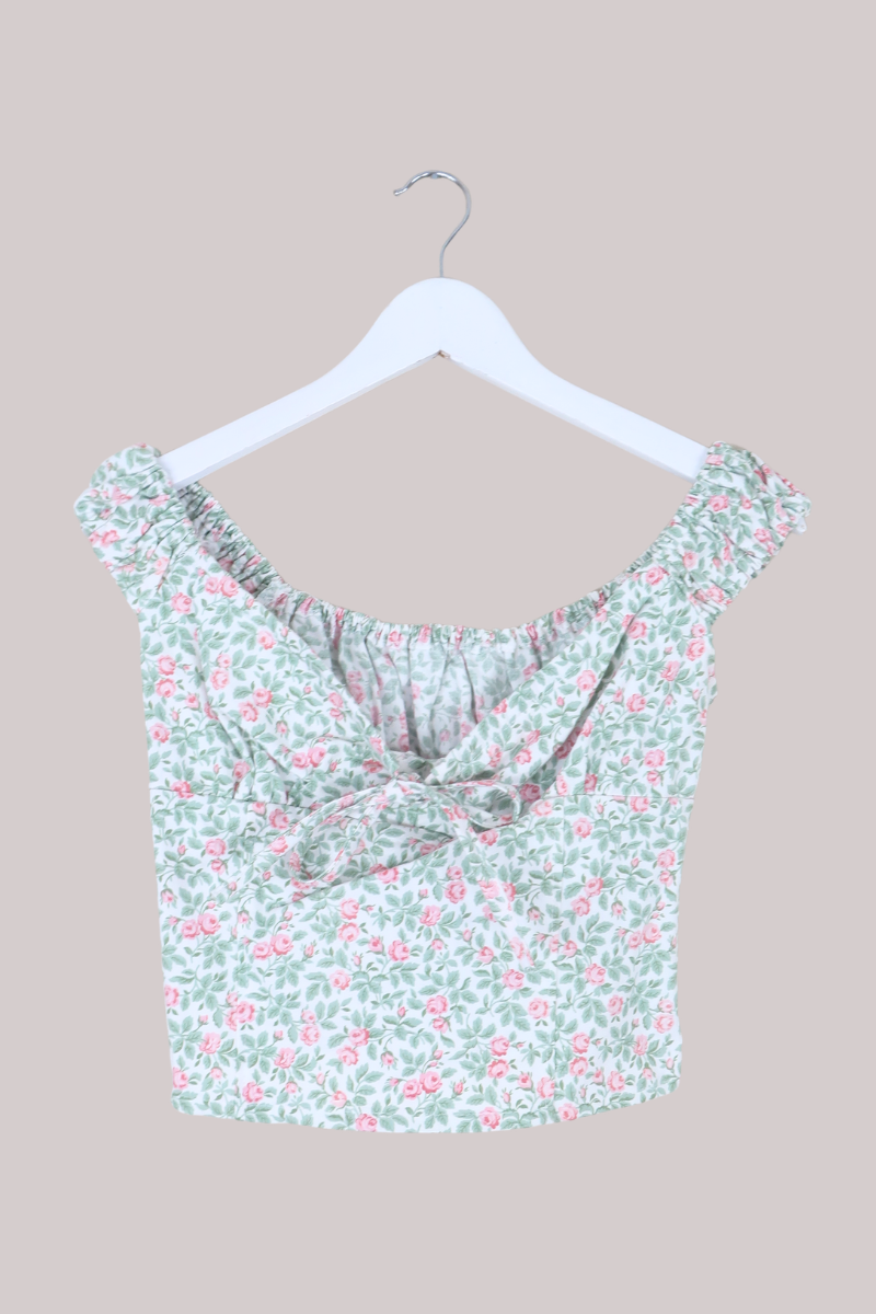Taylor Vintage Curtain Bustier Crop Top in Petit Pink Roses - Size S