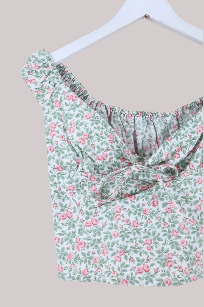 Taylor Vintage Curtain Bustier Crop Top in Petit Pink Roses - Size S