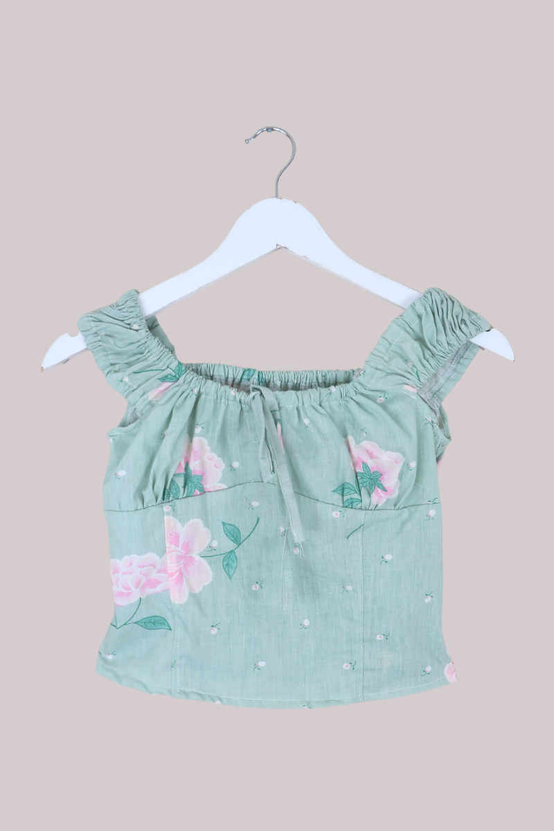 Taylor Vintage Curtain Bustier Crop Top in Sweet Pea Green & Pink Floral - Size XS