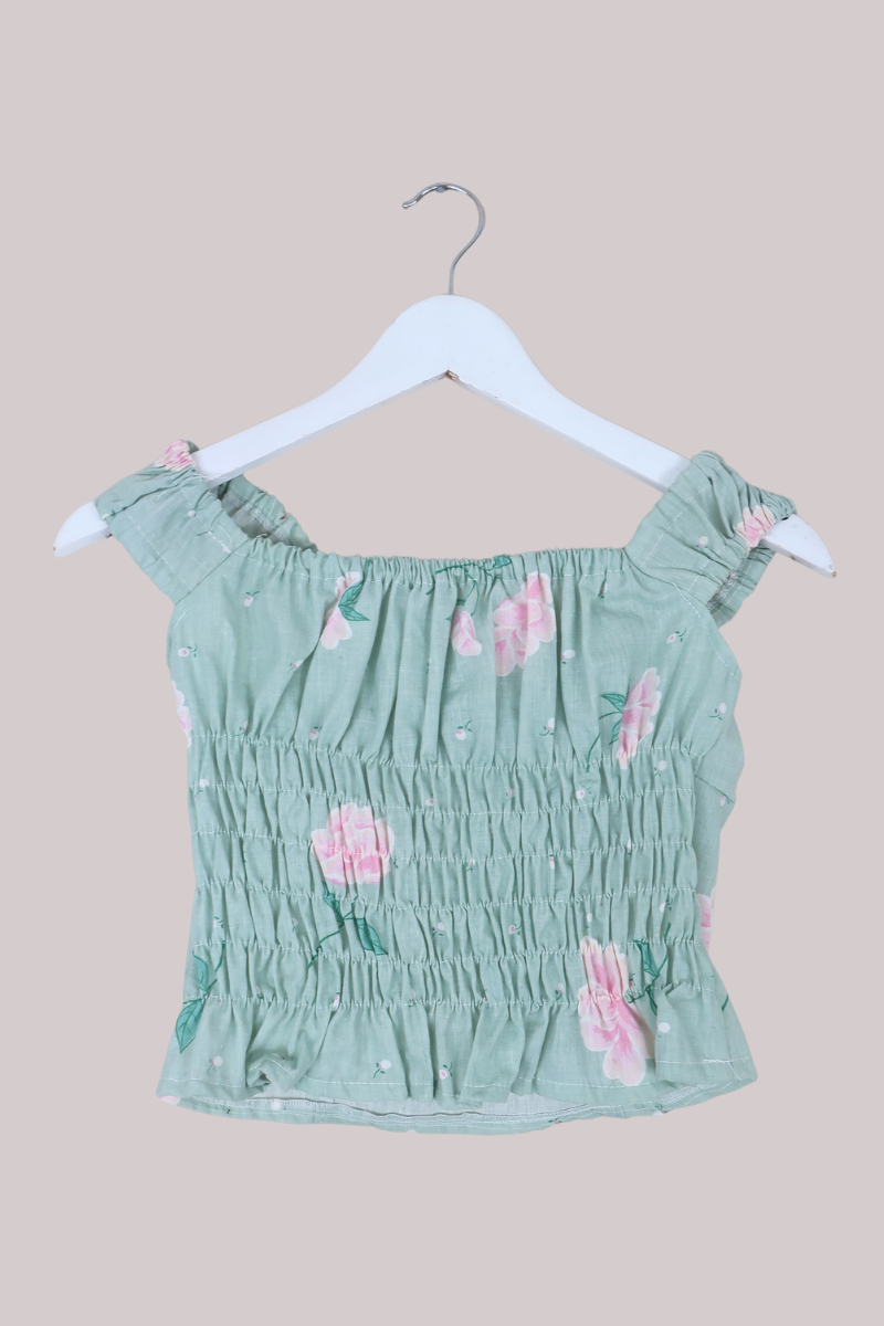 Taylor Vintage Curtain Bustier Crop Top in Sweet Pea Green & Pink Floral - Size XS