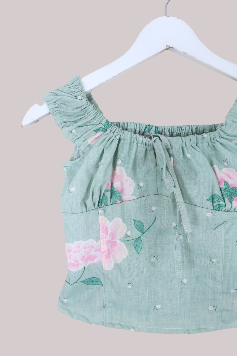 Taylor Vintage Curtain Bustier Crop Top in Sweet Pea Green & Pink Floral - Size XS