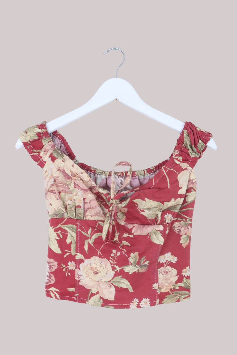 Taylor Vintage Curtain Bustier Crop Top in Red Heaven Florals - Size S