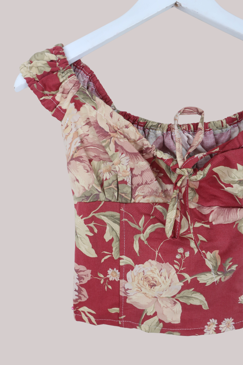Taylor Vintage Curtain Bustier Crop Top in Red Heaven Florals - Size S
