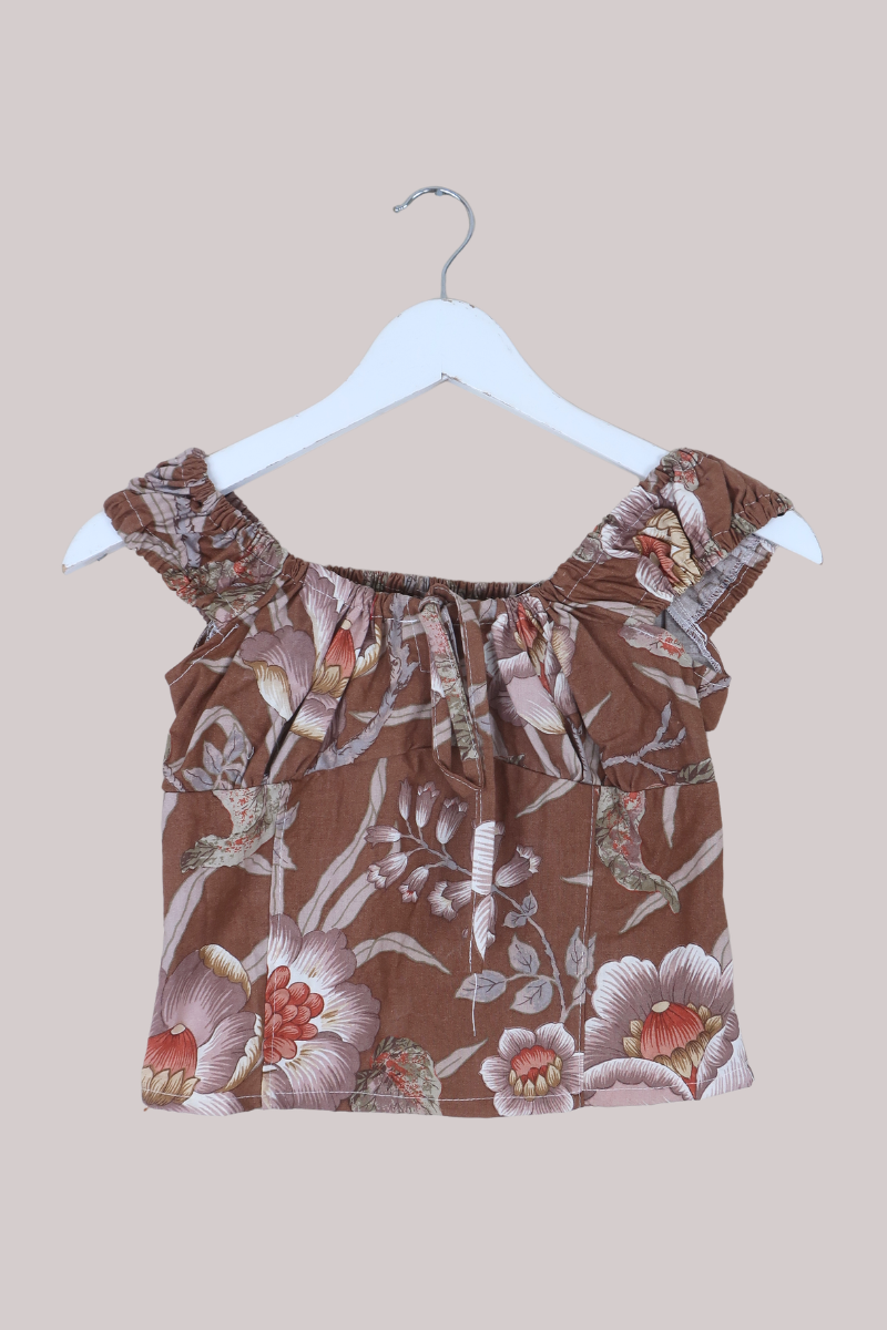 Taylor Vintage Curtain Bustier Crop Top in Clay Brown Floral - Size XS
