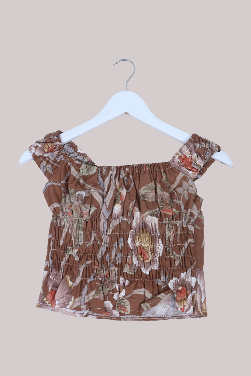 Taylor Vintage Curtain Bustier Crop Top in Clay Brown Floral - Size XS