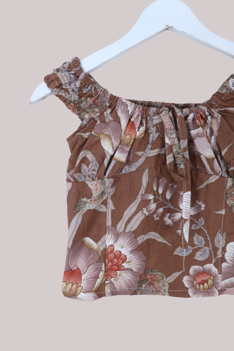 Taylor Vintage Curtain Bustier Crop Top in Clay Brown Floral - Size XS