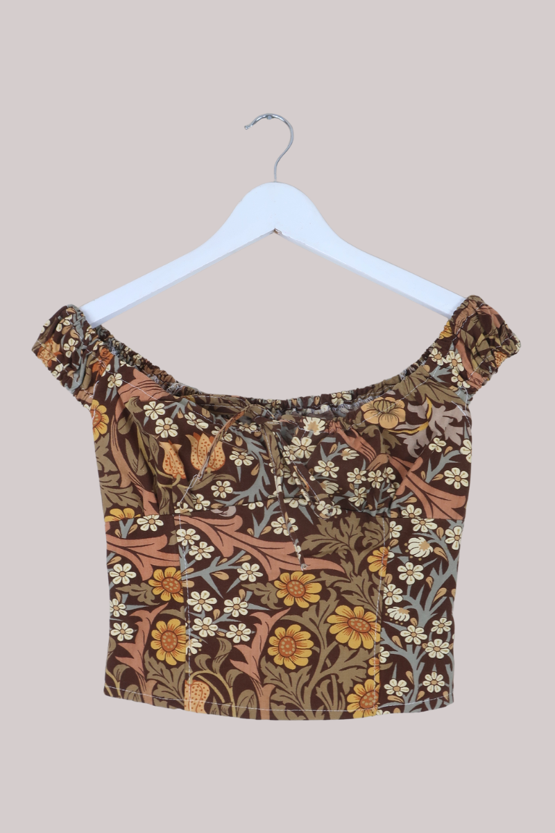 Taylor Vintage Curtain Bustier Crop Top in Bronze & Gold Sunflowers - Size XS