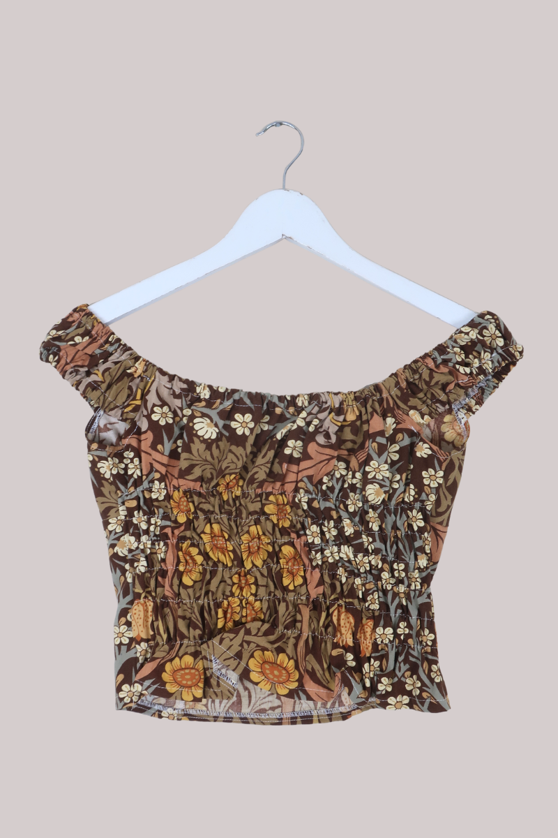 Taylor Vintage Curtain Bustier Crop Top in Bronze & Gold Sunflowers - Size XS