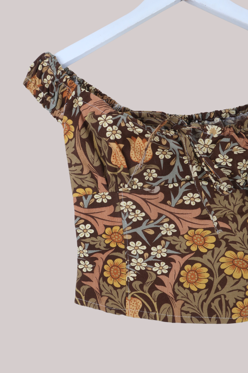 Taylor Vintage Curtain Bustier Crop Top in Bronze & Gold Sunflowers - Size XS
