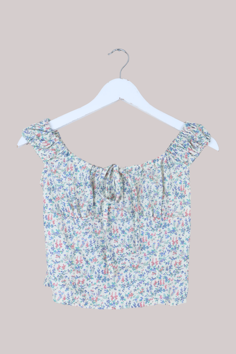 Taylor Vintage Curtain Bustier Crop Top in Snowbell White with Pastel Buds - Size XS