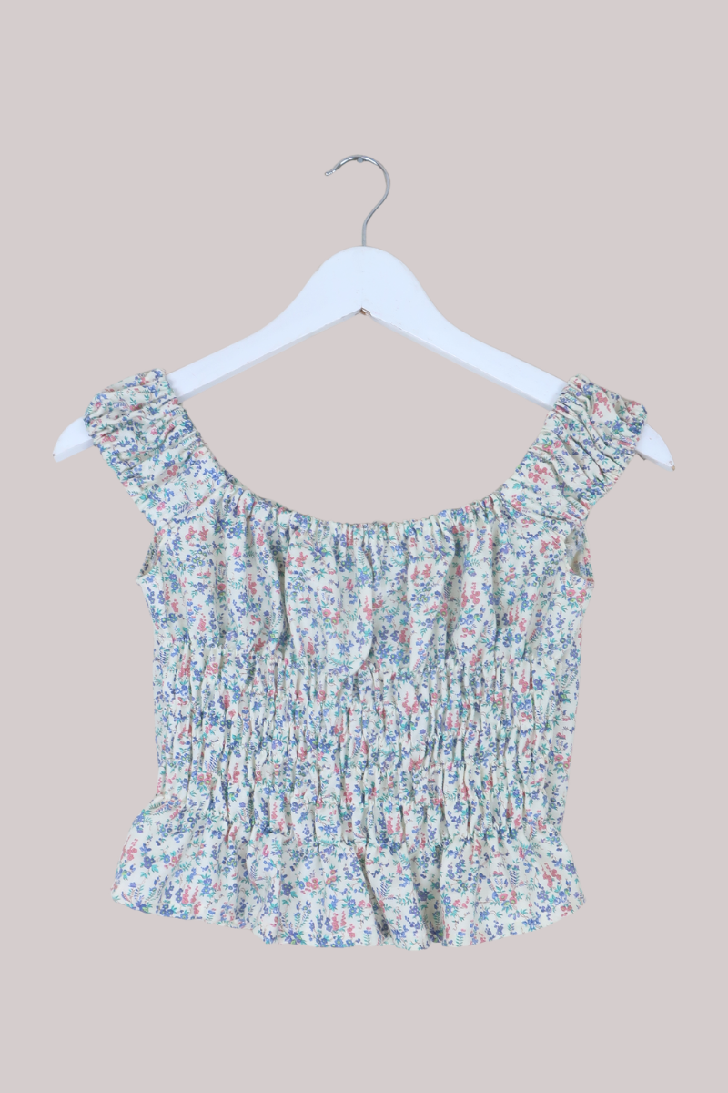 Taylor Vintage Curtain Bustier Crop Top in Snowbell White with Pastel Buds - Size XS