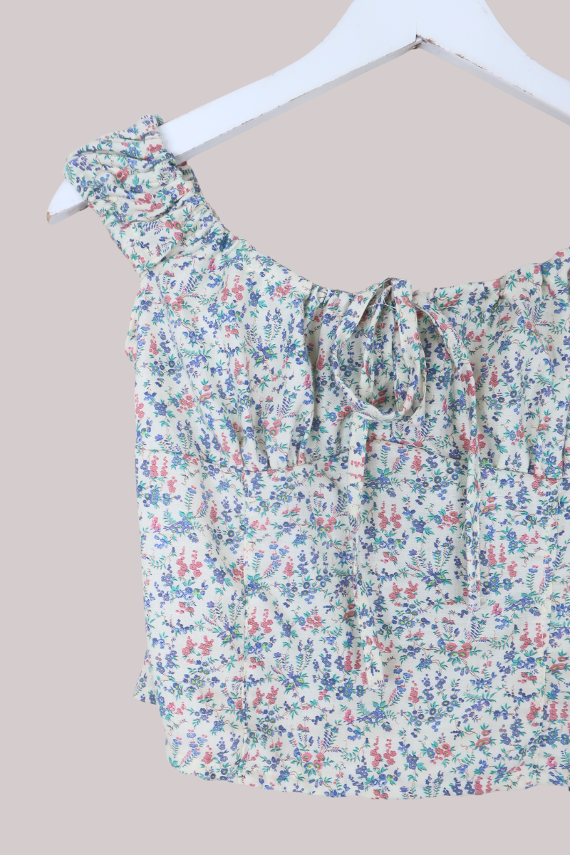 Taylor Vintage Curtain Bustier Crop Top in Snowbell White with Pastel Buds - Size XS