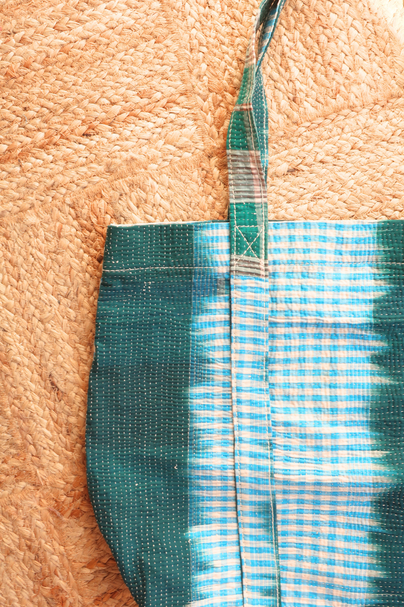 Vintage Kantha Tote Bag in Teal and Azure Gingham by All About Audrey