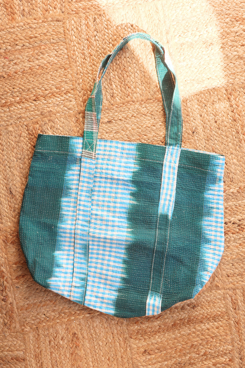Vintage Kantha Tote Bag in Teal and Azure Gingham by All About Audrey