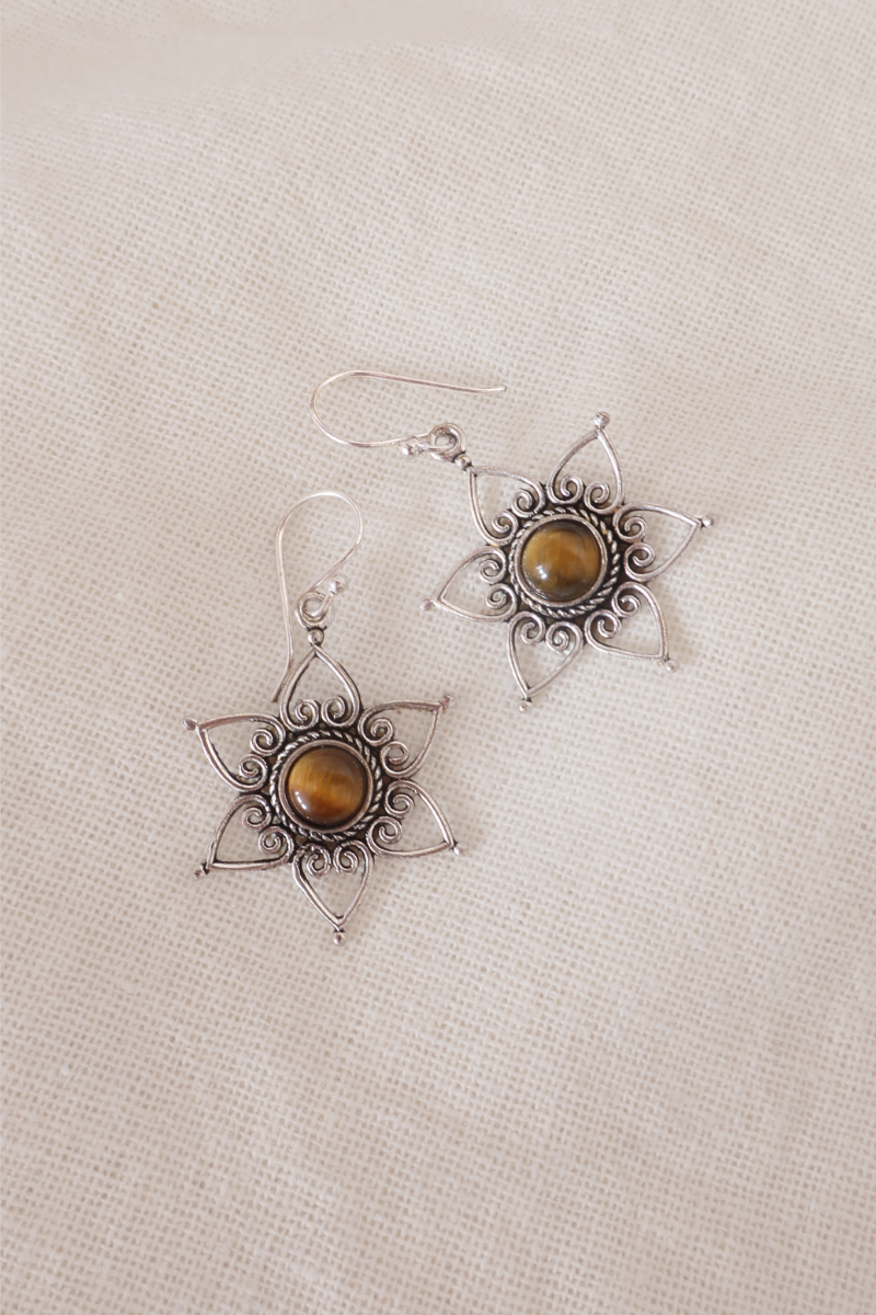 Tigers Eye Petal Silver Plated Earrings