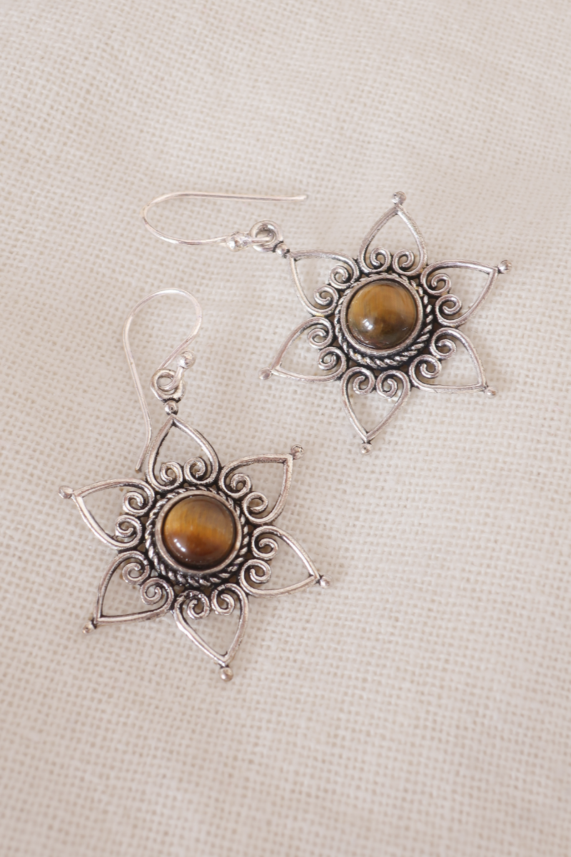 Tigers Eye Petal Silver Plated Earrings
