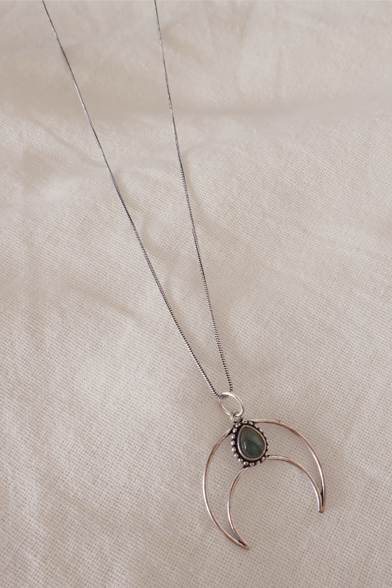 Labradorite Stone Crescent Moon Silver Plated Necklace