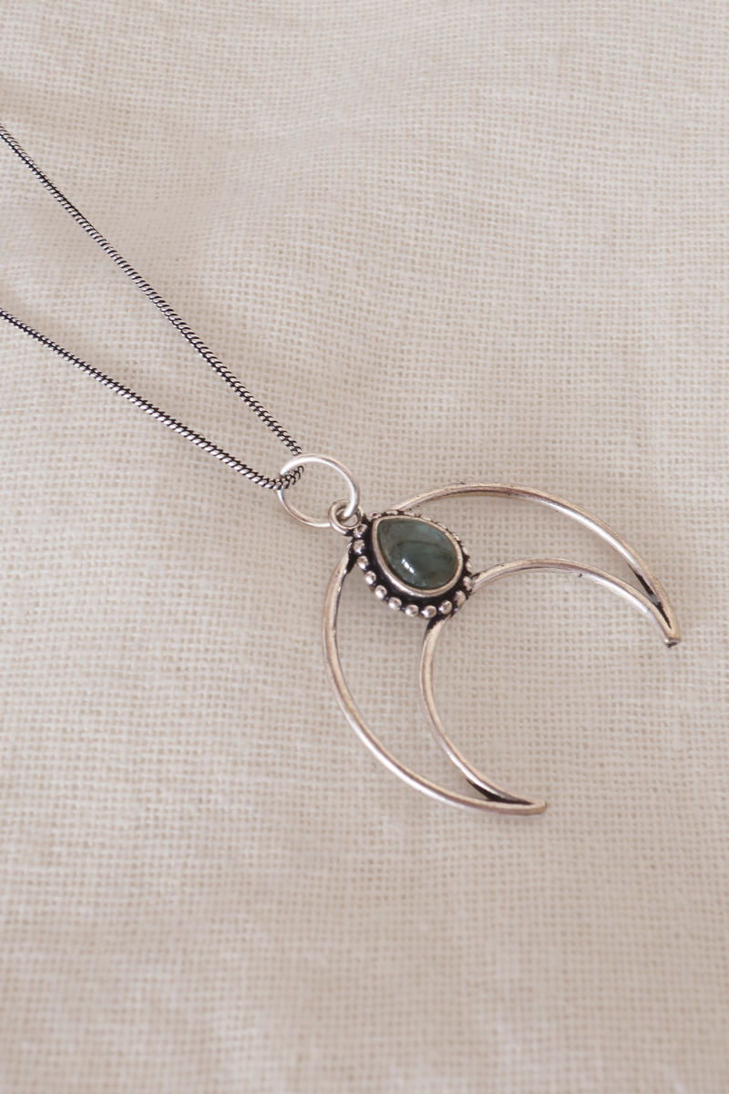 Labradorite Stone Crescent Moon Silver Plated Necklace