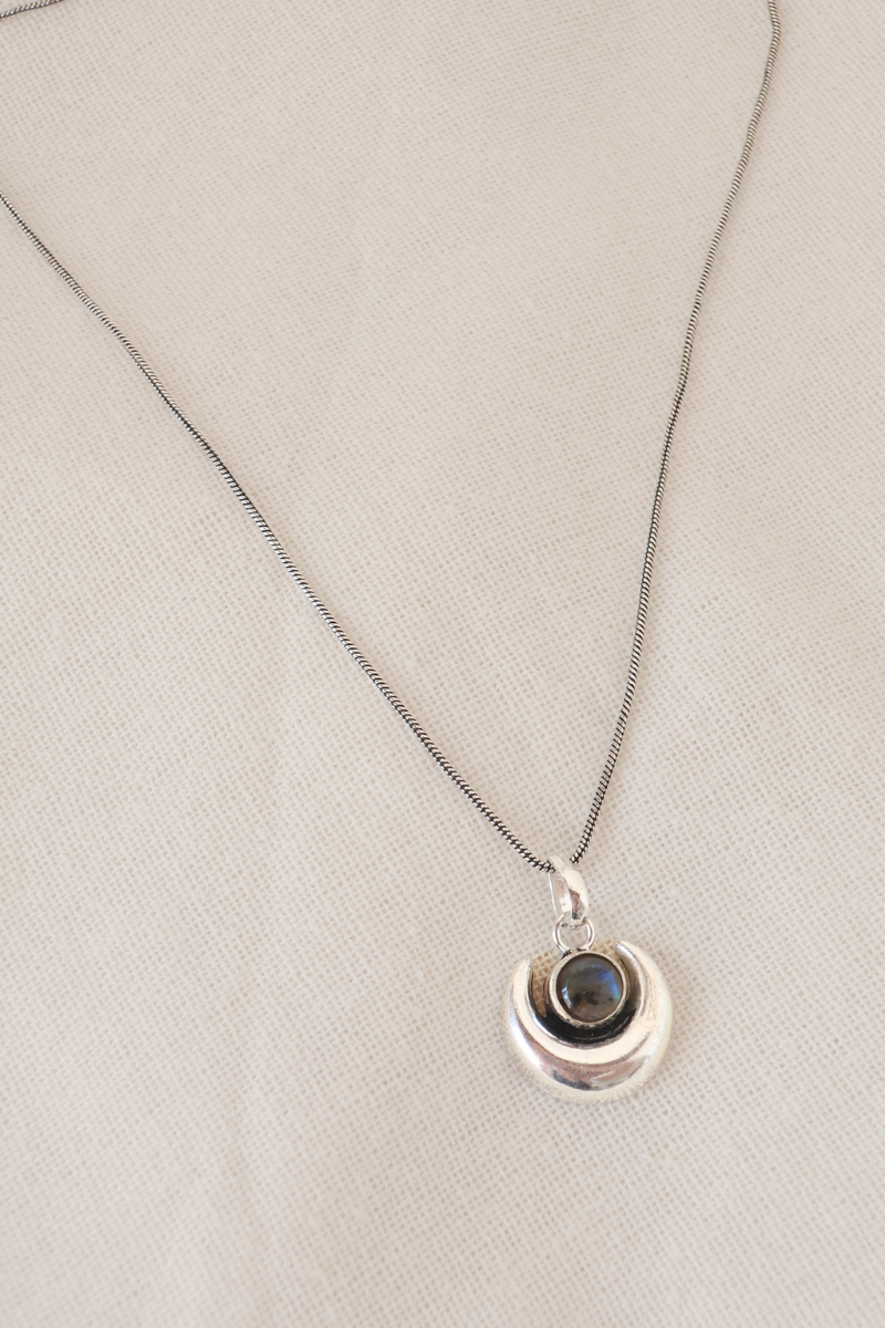 Labradorite Stone Crescent Moon Silver Plated Necklace