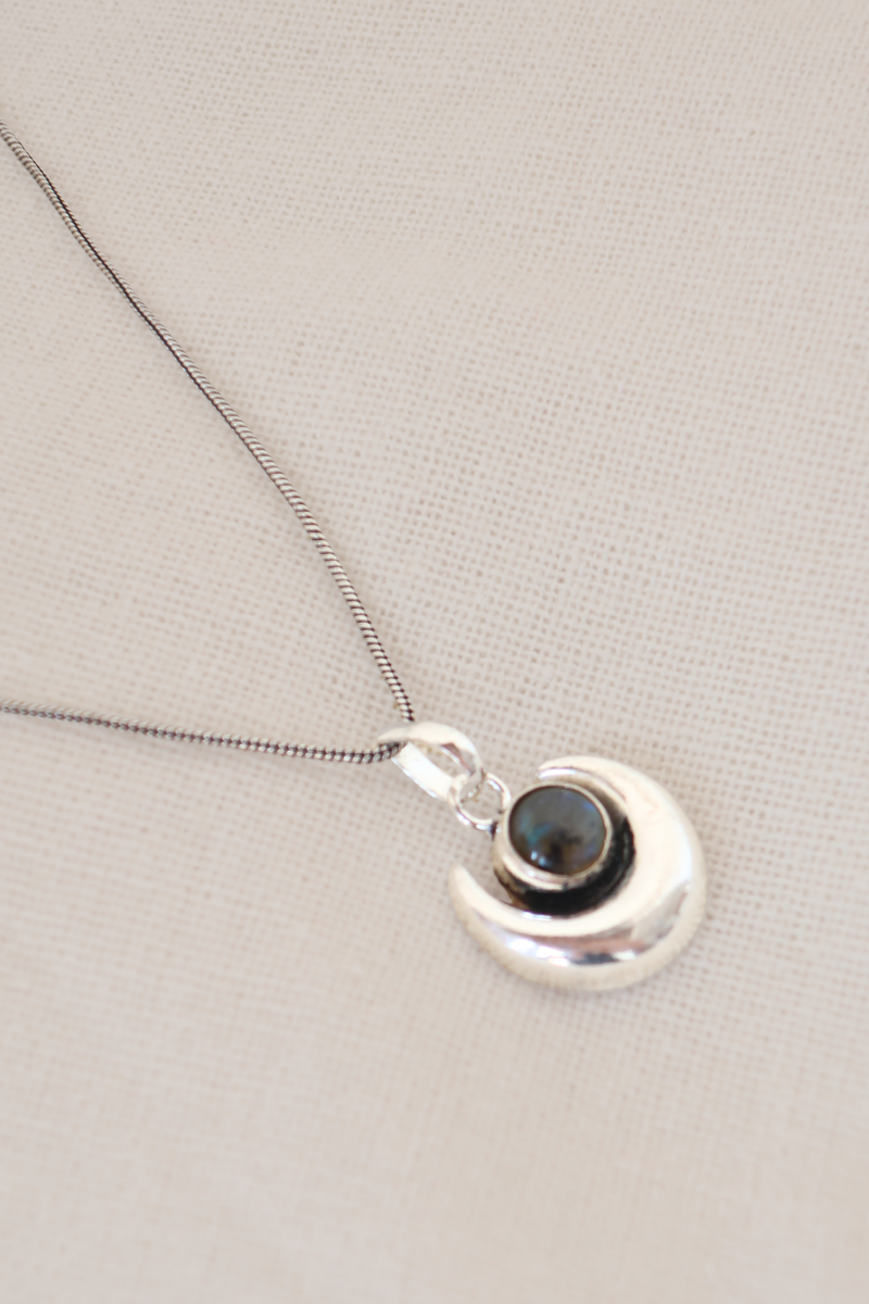 Labradorite Stone Crescent Moon Silver Plated Necklace