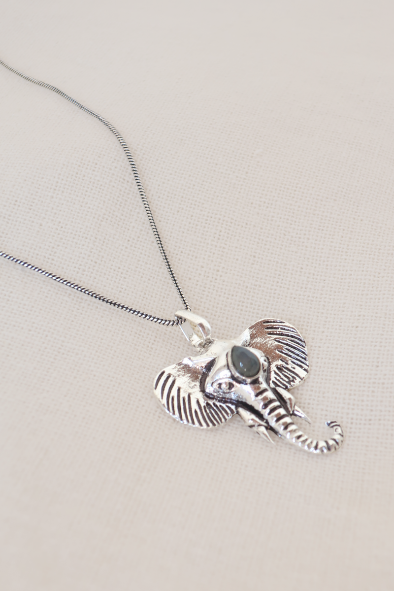 Labradorite Stone Elephant Silver Plated Necklace