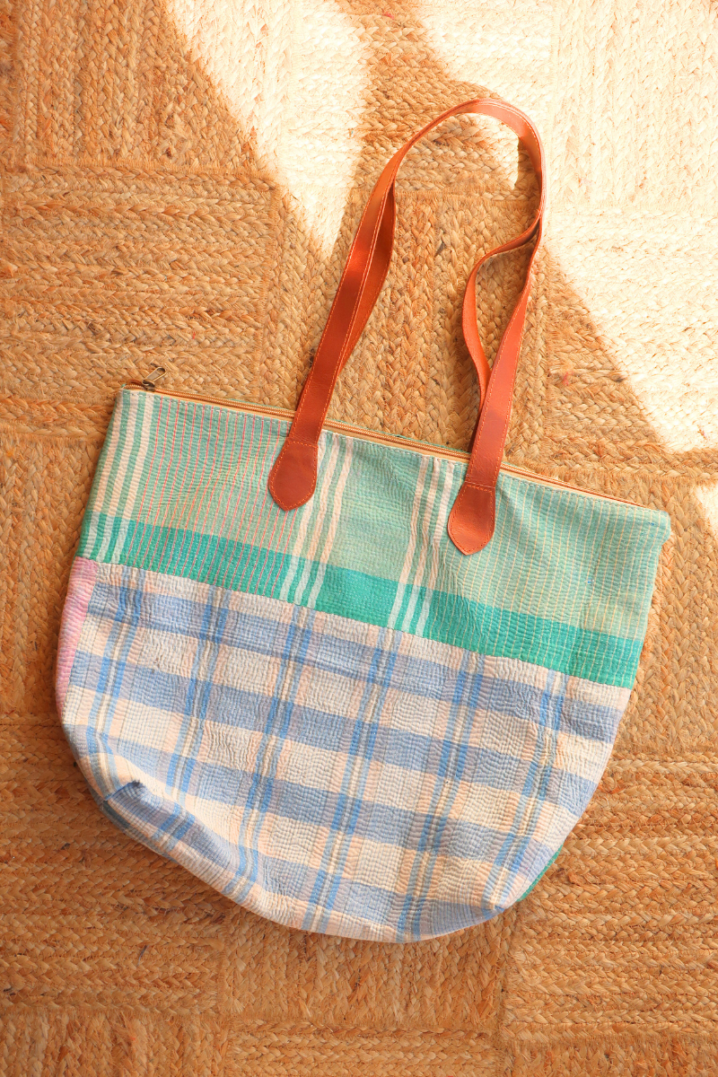Vintage Kantha Leather Strap Tote Bag in Jade & Sky Plaid by All About Audrey
