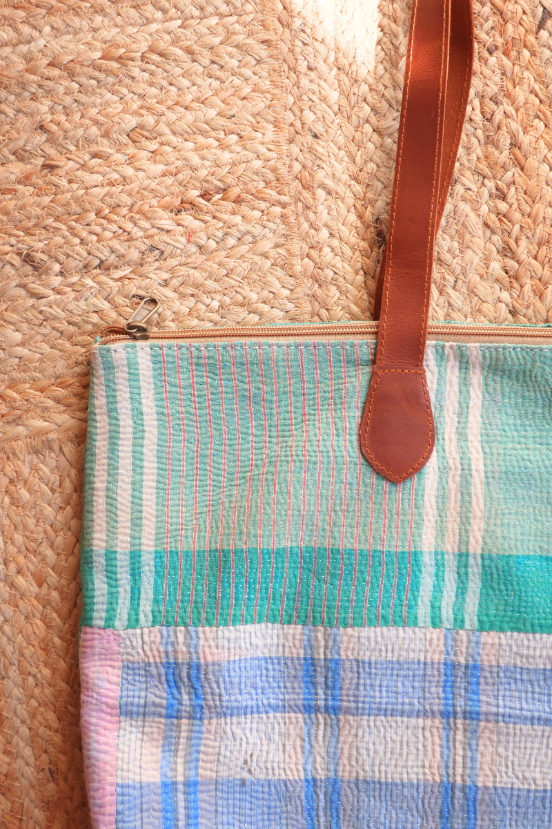 Vintage Kantha Leather Strap Tote Bag in Jade & Sky Plaid by All About Audrey