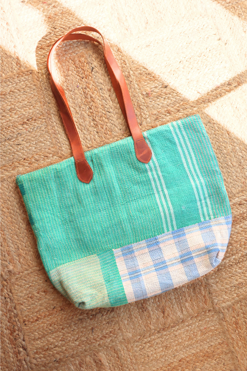 Vintage Kantha Leather Strap Tote Bag in Jade & Sky Plaid by All About Audrey