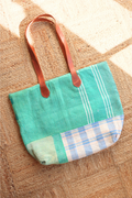 Vintage Kantha Leather Strap Tote Bag in Jade & Sky Plaid by All About Audrey