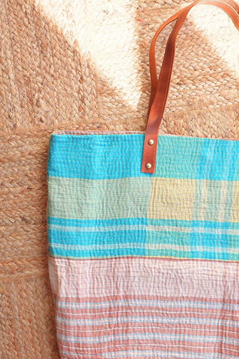 Vintage Kantha Large Shopper Bag in Taupe Turquoise Patchwork by All About Audrey