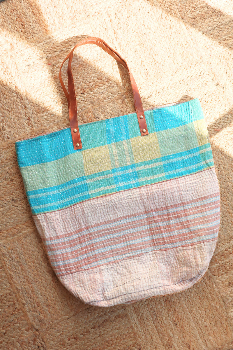 Vintage Kantha Large Shopper Bag in Taupe Turquoise Patchwork by All About Audrey