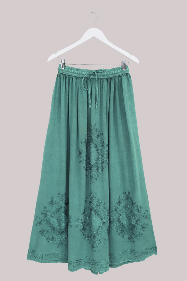Embroidered Drawstring Maxi Skirt in Calypso Blue - Free Size