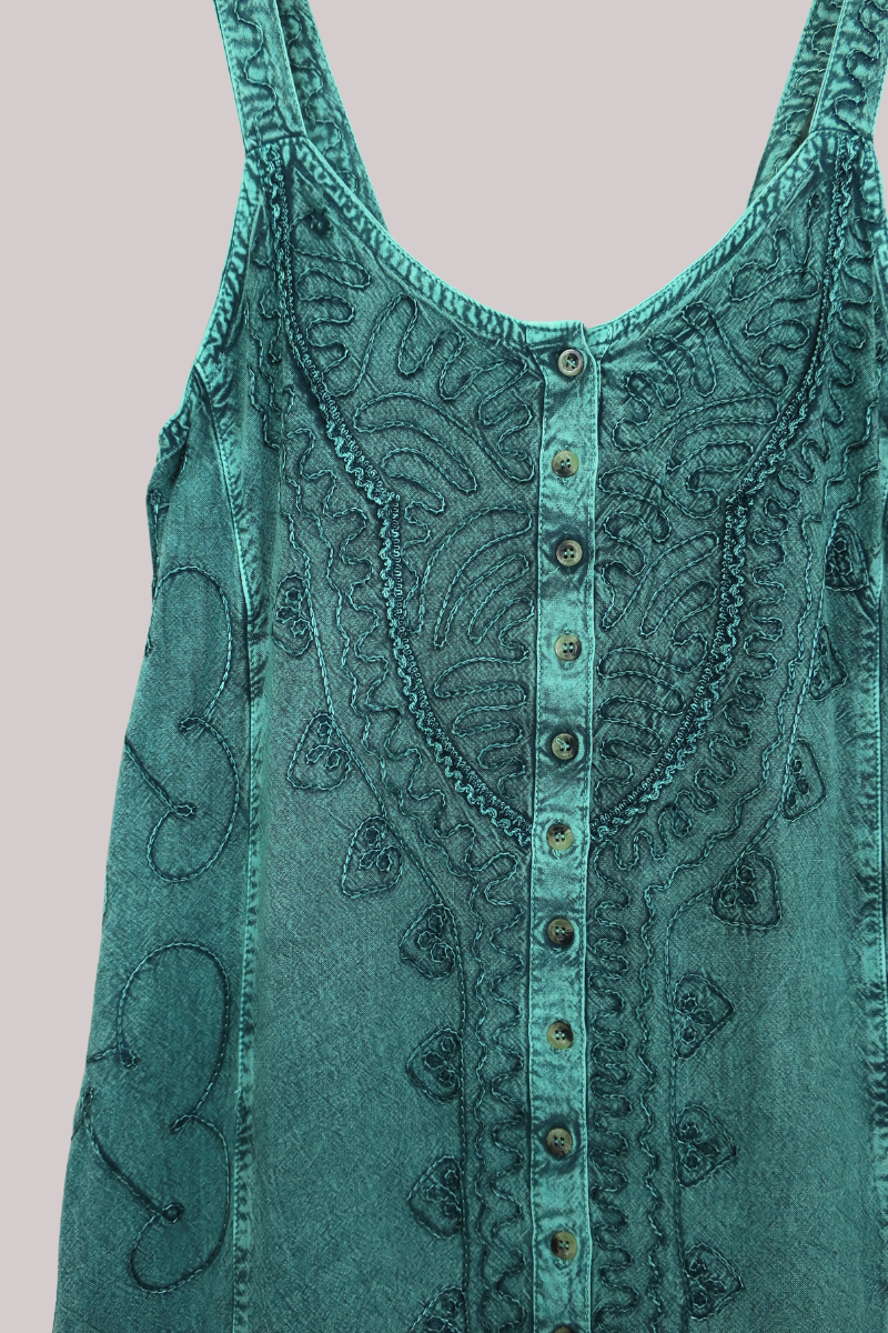 Embroidered Button-Up Mini Slip Dress in Calypso Blue