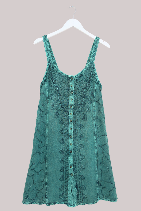 Embroidered Button-Up Mini Slip Dress in Calypso Blue