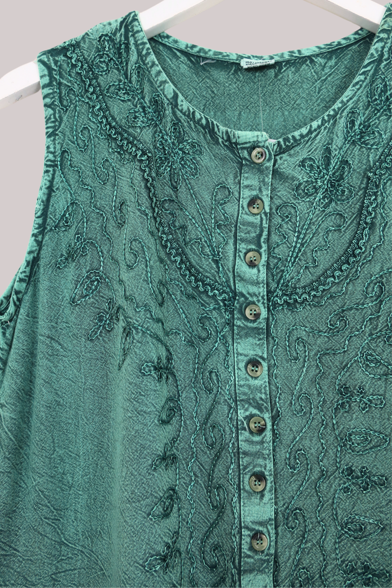 Embroidered Waistcoat Vest Top in Calypso Blue - Free Size