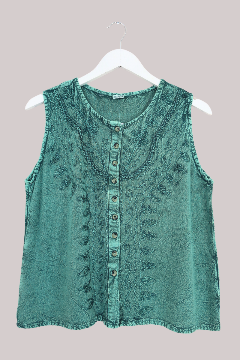 Embroidered Waistcoat Vest Top in Calypso Blue - Free Size