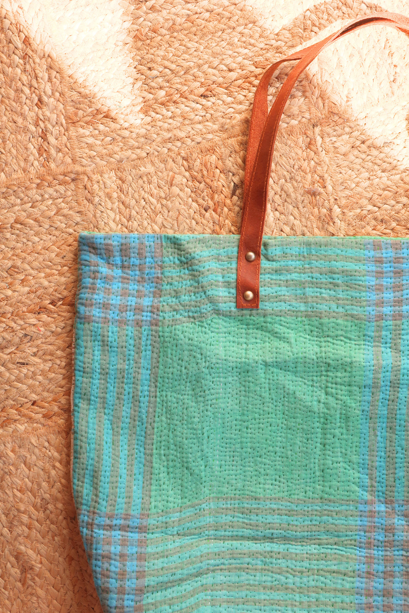 Vintage Kantha Large Shopper Bag in Sea Green Tartan by All About Audrey