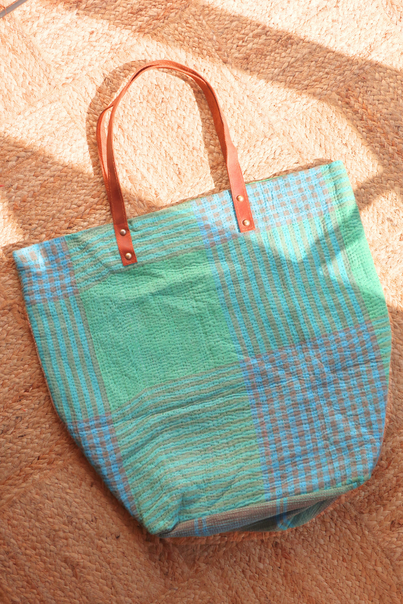 Vintage Kantha Large Shopper Bag in Sea Green Tartan by All About Audrey