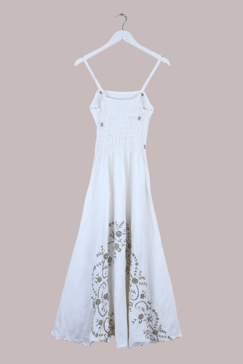 Juliet Vintage Tablecloth Maxi Dress in White & Brass Daisies