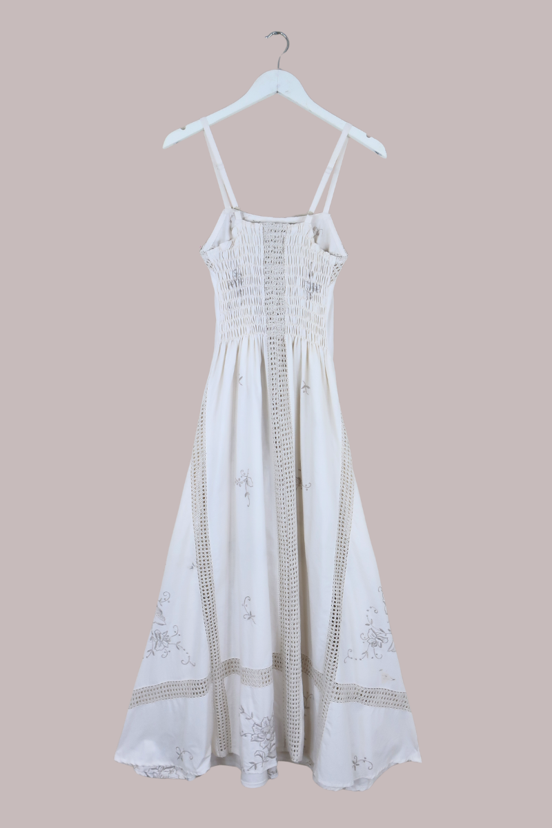 Juliet Vintage Tablecloth Maxi Dress in Feather Quill Floral Crochet